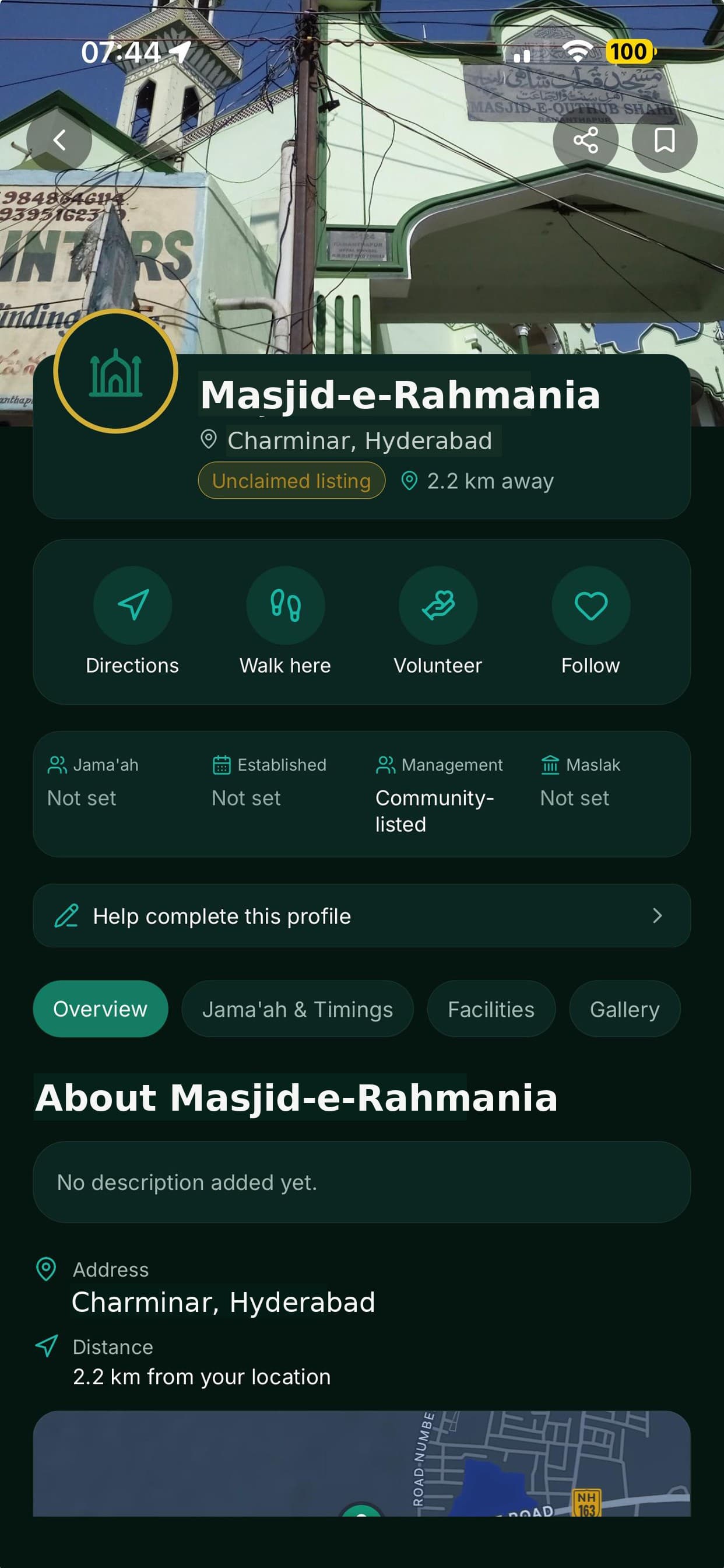 Masjid profile screen with directions, walk here, volunteer and follow actions